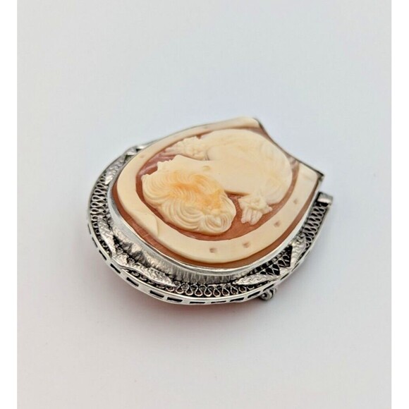 Vintage Sterling Silver 925 Shell Cameo Carved Brooch Horseshoe Shape Rare - Picture 6 of 16